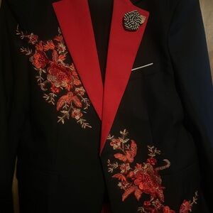 Elegant Black and Red Embroidered Men's Blazer